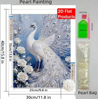 Preview: Diamond Painting Perlen Pfau mit weissen Rosen